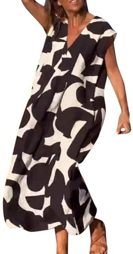 2024 Damen-Sommerkleid, Boho, Blumenmuster, V-Ausschnitt, kurze Ärmel, fließend, A-Linie, langes Maxikleid für Damen, leger, Schwarz , XXX-Large