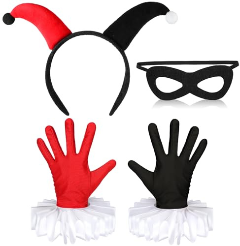 Blosssound 3 Pcs Halloween Joker Costume for Women Halloween Costume Accessories Black Red Gloves Headband Cat Eye Mask Hair Hoop Outfit Set for Halloween Masquerade Cosplay Party Favors