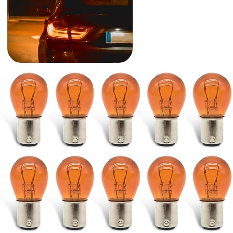 Flygun 10 PCS Car 1157 P21/5W S25 BAY15D Bulb, Double Tail High and Low Brake Lamp Turn Signal Light Bulb LongerLife Replacement, Universal Halogen Brake Tail Lamp Parking Light (Amber)