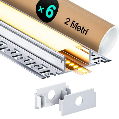LED aluminiumprofil 2 m (20 m) LED-gipsprofil LED-kakelprofil för som 20 mm eller dubbla LED-ränder/LED-lister/LED-profil med mjölkvitt lock ändkåpor (SP45-U-6 x 2 m (12 m))