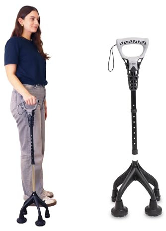 KMINA - Ergonomischer Gehstock mit 4 Füßen, Stabil 1,5 Kg, Breiter Basis, Senioren, Quadripod-Stock, Sicherer, Verstellbarer - Made in Europe