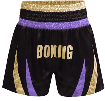 RUNQHUI Barn pojke shorts boxning Thai MMA kickboxning korta byxor sport träning fitness, Ljus lila och guld, 7-8 år