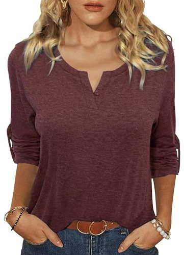 Camiseta Manga Larga Mujer Básico Top Cuello en V Elegante T-Shirt Suelta Trabajo Informal Camisetas Ligero Sólido Casual Blusa Camisas Burdeos L
