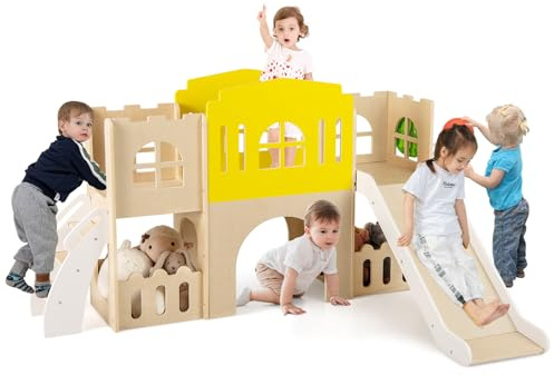 RELAX4LIFE 7 in 1 Scivolo per Bambini, Castello Parco Giochi in Legno con Scala da Arrampicata, Canestro da Basket e Tunnel, Giochi Montessori per Bambini 3 Anni +