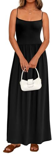 PRETTYGARDEN Womens Spaghetti Strap Maxi Dresses Sleeveless Summer Dress Long Casual Knit Flowy Beach Sundresses with Pockets(Black,Large)