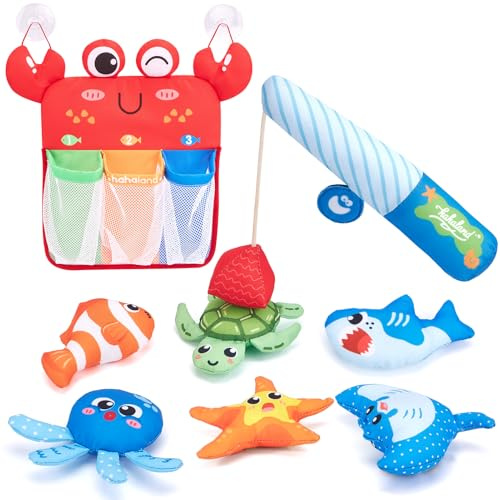 hahaland Juguetes Baño Bebe 1 año - Juego de Pesca Magnético Blando con 6 Animales, Caña y Bolsa Malla - Juguetes Bañera Montessori para niños 1 2 3 Años
