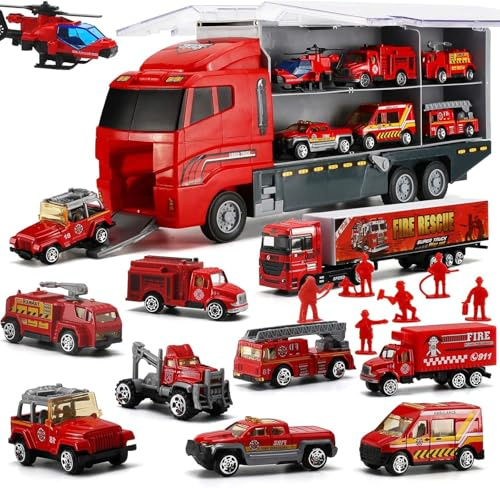 Camion de Pompiers 19-en-1 avec Mini Véhicules Die-Cast et Figurines de Pompiers – Ensemble de Jouet de Secours Incendie avec Hélicoptère, Bateau Rapide et Camions de Pompiers – Cadeau pour Garçons et