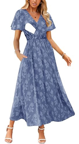 CzzzyL Nursing Dresses for Women Breastfeeding Floral Blue Medium