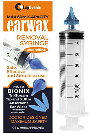 BIONIX EAR WAX REMOVAL SYRINGE LARGE CAPACITY 60ML MHRA & CE APPROVED + 3 x ANTI INFECTION EAR WICKS & 1 x ANTIBACTERIAL 3 STREAM OTOCLEAR TIP USED BY PROFESSIONALS.