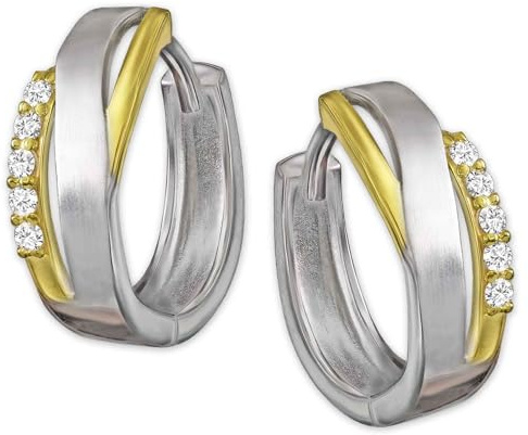 CLEVER SCHMUCK Damen Ohrring Silber als Creole Ø ca. 13 mm glänzend bicolor mit je 5 Zirkonia weiß Sterling 925 im Schmucketui creme