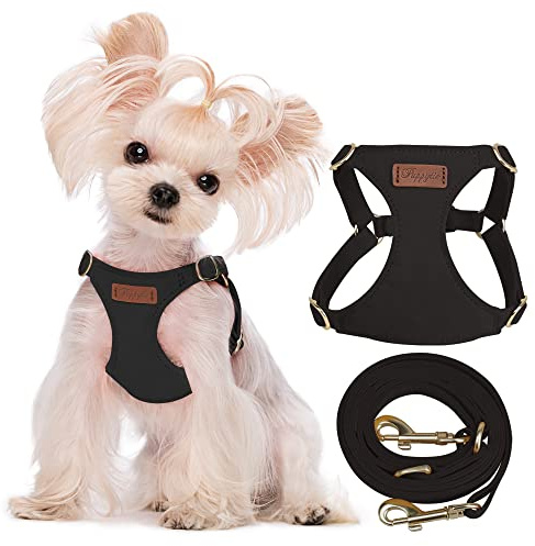 Puppytie No Pull XXS Puppy Harness with Multifunction Dog Leash,Soft Adjustable No Choke Escape Proof Pet Harness Vest,Black,XXS