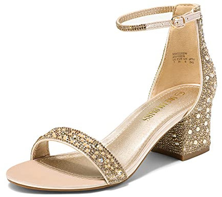 DREAM PAIRS Womens Bridal Sandals Glitter Ladies Mid Low Block Heels Ankle Strap Strappy Wedding Party Evening Prom Open Toe Shoes SDHS2202W,Size 5,Gold/Rhinestone,SDHS2202W