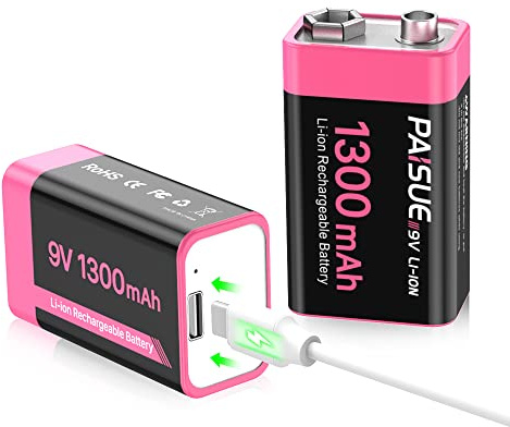 9V Rechargeable Batteries, 1300mAh High Capacity Lithium-ion Long Lasting 9 Volt Batteries with 2 in 1 USB C Fast Charging Cable for Smoke Alarms,Microphone,Multimeters,Toys,Game Controllers (2 Count)
