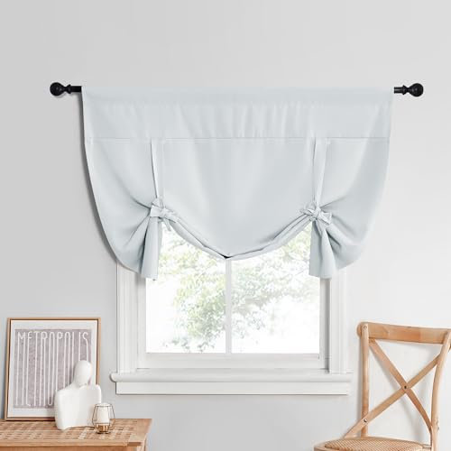 NICETOWN Blackout Tie Up Curtain Thermal Insulated Bathroom Curtain for Bathroom Roman Shade for Small Window Farmhouse Short Valances for Home Decor, (1 Panel, 52 W x 45 L, Greyish White)