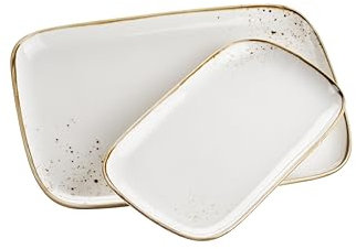 MÄSER Serie Pintar, hochwertiges Platten-Set, 2-teilig mit Platten in zwei Größen, moderne eckige Form, helle Glasur, visuelle braune Sprenkel und feiner Rand im Vintage Handmade Look, Porzellan