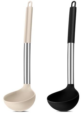 Joyfair - Juego de 2 cucharones de silicona con mango de acero inoxidable, 30 cm, para cocinar, remover y servir, saludable y antiadherente, color negro y caqui