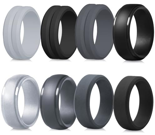 LOCCY 8 pezzi Uomo Anello di nozze in silicone Anello di fidanzamento in silicone traspirante Anello atletico confortevole Fit Skin Silicone Wedding Bands per lavoro, sport
