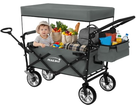 Hauki Carro de Mano Plegable con Toldo para la Playa, Gris, Transporte de hasta 120 kg para Niños o de Equipamiento Incl. 2 Bolsillos de Malla y 1 Bolsa Exterior, Remolque con Freno en Rueda