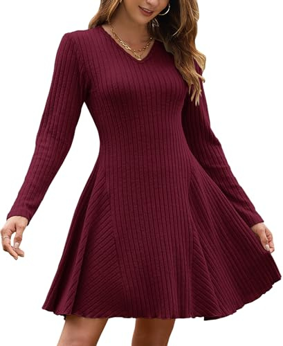 AUSELILY Höst jumper klänning för kvinnor UK lätt stickad v-hals A linje långärmad klänningar vinter tröja jersey damklänning elegant