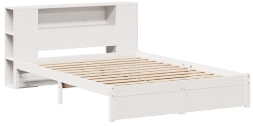 vidaXL Massivholzbett, Bett mit Bücherregal ohne Matratze, Bettgestell mit Lattenrost, Holzbett Doppelbett für Schlafzimmer, Weiß 120x200cm Kiefer