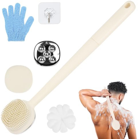 LOPHE Lungo Bagno Doccia Spazzola con Guanti da Doccia, 4 in 1 Massaggio Spazzola per Il Corpo, Spazzola Bagno Schiena per Anti Cellulite, Esfoliante, Pulire Pori(Bianco Latte)