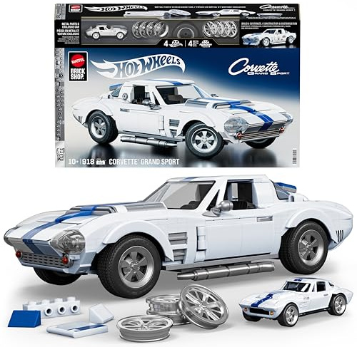 Mattel Brick Shop Hot Wheels,set da costruire, Corvette Grand Sport, 918 pezzi, dettagli realistici e adesivi per personalizzare l'auto, per collezionisti adulti e bambini dai 10 anni in su, JGR31