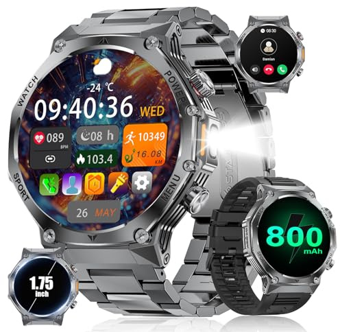 LIGE Montre Connectée Homme,1,75'' Smart Watch avec 800mAh/Torche LED/Appel Bluetooth,114 Sportifs Montre Sport avec Moniteur Sommeil/Cardiofrequencemetre