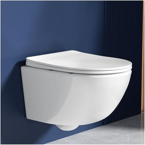 Rainsworth Inodoro de pared sin borde - Inodoro colgante de potente descarga, con tecnología de descarga eficiente, taza de inodoro incluida con asiento de descenso automático y sujetador rápido