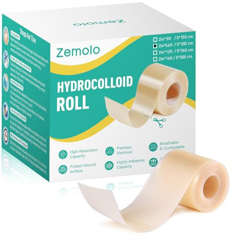 Zemolo Hydrokolloid Pflaster Rolle 5cmx2m, Selbstklebender Wasserfestes Hydrokolloid Wundpflaster Atmungsaktive & Hautfreundlich Wundauflagen