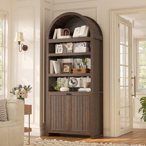 81 Tall Arched Cabinets,Bookcase with storage,Mid-Century Modern 6-Tier Bookshelf with Door,2 Book Risers and Adjustable Shelves offering more storage space for Living Room,Kitchen,Home Office,Walnut