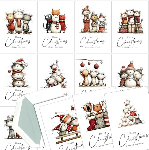 Juego de tarjetas navideñas de 30 con 15 diseños festivos de gatos. Lindo juego de tarjetas navideñas con gatos y sobres