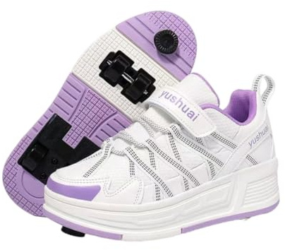 JJDFW Barn 4-hjuls infällbara rullsneakers med broms, promenader och skridskoåkning 2-i-1 skor, nätöverdel med krok och ögla-rem och spetsstängning, tjock sula, vit lila, risbrun, vit grå