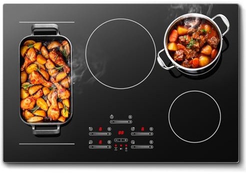 KICHPOWER Placa de inducción de 77 cm con 5 placas y 1 Flexzone, 9500 W, 9 niveles de potencia con función Booster, control deslizante táctil, temporizador 1-99 min, placa de cocción integrada
