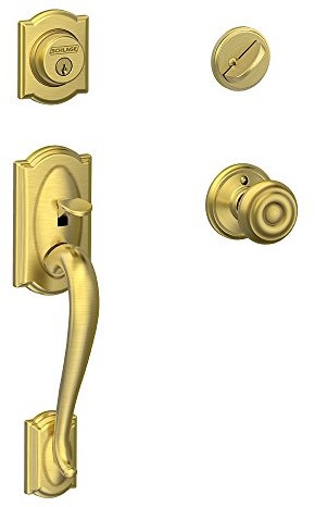 SCHLAGE Camelot Single Cylinder Handleset and Georgian Knob, Satin Brass (F60 CAM 608 GEO)