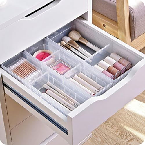 Chris.W Desk Drawer Organizer Tray with Adjustable Dividers, Multi-Drawers for Makeups, Utensil, Pens, Flatware and Junks - Set of 4 (2 Large + 2 Small),13.8 Inch Length