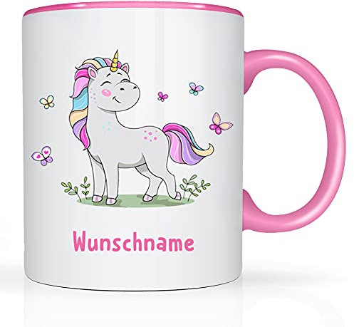 Tasse mit Namen und Einhorn Motiv Bedruckt Namentasse Namensbecher Einhorn mit Schmetterlingen für Mädchen Kindertasse Keramiktasse Weiß/Rosa Unicorn Geschenktasse Keramik mit Druck Kinder Tasse 330ml