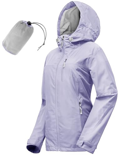33,000ft Regenjacke Damen Wasserdicht Outdoorjacke Atmungsaktiv Herbst Übergangsjacke Leichte Jacke mit Kapuze Windbreaker zum Wandern Reisen Treking Fahrrad (Lila 38)