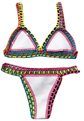 Costume Bagno Due Pezzi – Reggiseno Triangolo e Mutande Brasiliana Costume Mare Donna Bikini Mare Coordinato con Dettagli Uncinetto Crochet Costume da bagno a triangolo a lavorato a maglia (White, M)