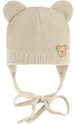 CiuchCiuch Baby-Mütze mit Ohren zum Binden Bär - Wintermütze Mädchen Jungen Baby Kinde- Für Weihnachten - Zur Taufe - 100% Acryl - Futter aus Baumwolle und Elasthan - Beige 34-36 cm