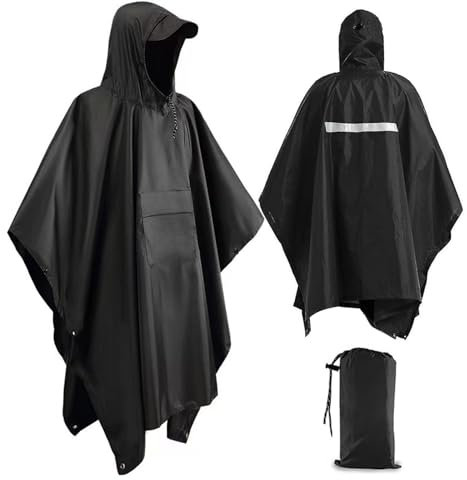 Xrkuu Regenponcho für Erwachsene, Wasserdicht Regenponcho Damen Herren, 3-in-1 Multifunktion Regen Poncho Wiederverwendbarer Regenmantel Regencape mit Reflektorstreifen für Wandern und Reisen, Schwarz
