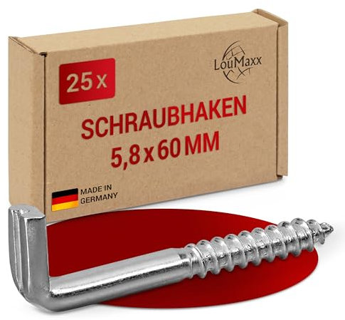 LouMaxx Lot de 25 Crochets à Visser 5,8x60 mm - Vis d'Angle - Charge Jusqu'à 50 kg - Galvanisés - Muraux Robustes pour Étagère