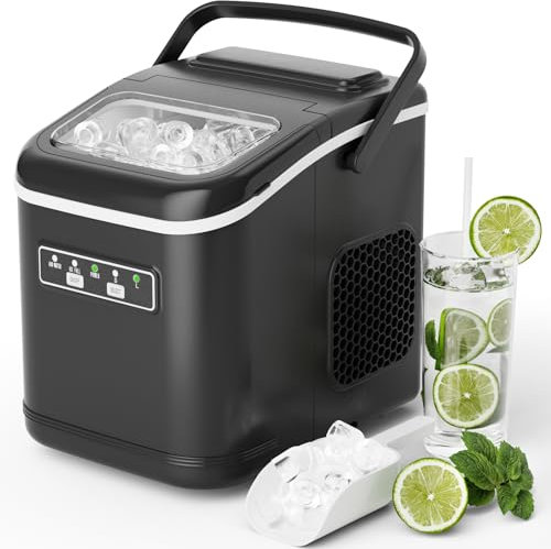 Machine à Glaçons, 12kg en 24h, 9 Glaçons en 6 Minutes, 2 Tailles de Glaçons, Machine à Glaçons Autonettoyante, avec Poignée de Transport et Cuillère, pour la Maison/Cuisine/Camping/Bar