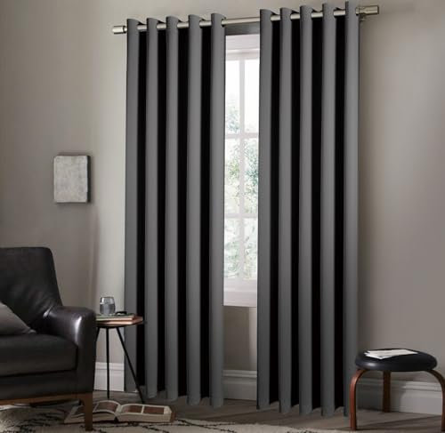 Pair of Eyelet Ring Top Thermal Blackout Curtains with Tie Backs – Plain, Insulated, Light-Blocking, Noise-Reducing, Lined Design (Grey,66 x 72(168x183cm))