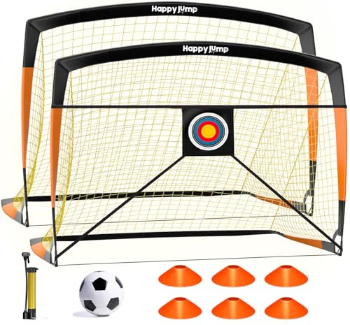 Happy Jump Fußballtor Set – Pop-Up Netz für Draußen mit Zielnetz, Ball, Pumpe, Hütchen – 5x3.6 FT BO Pro