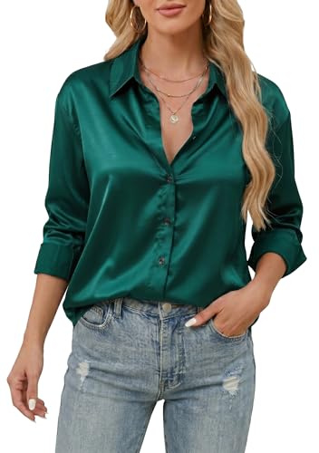 Stamain Dam Silkesblus, Satin, Långärmad Button Down, Enkel Skjorta Ledig Kontor Affärstopp, Mörkgrön, S
