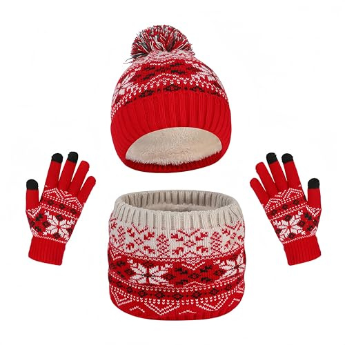 Gorro de Punto Invierno Térmico con Guantes y Bufanda Forro Polar Niños Set Beanie Sombrero de Invierno Cálido Gorro de Punto Invierno Térmico con Guantes y Bufanda Sombrero