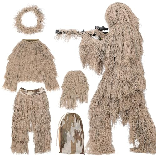 SETLUX Ghillie Suit for Men, 5 in 1 3D Camouflage Hunting Suits Camo Hunting Clothes for Adults, M/L/XL/XXL, Woodland or Desert desert-XL/2XL