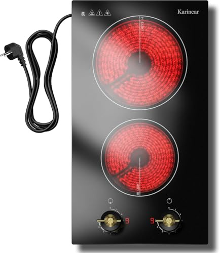 Karinear Placa Vitrocerámica de 2 Fuegos con Enchufe, Vitroceramica con Doble Mando Giratorio, Placa Eléctrica Independiente, Empotrable o Móvil, 220-240 V, 30 CM, 3000 W