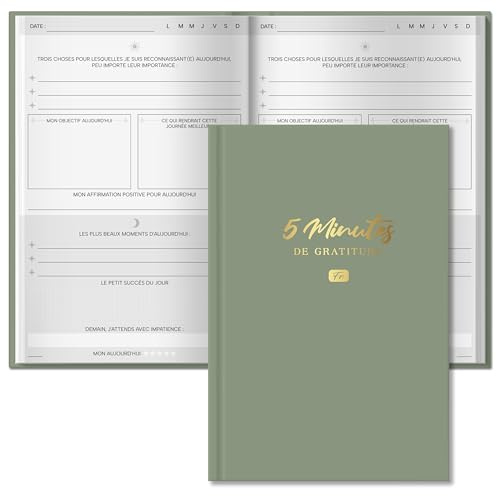 BIROYAL A5 Journal de gratitude et pleine conscience, 128 Pages, Couverture Rigide, 5 Minutes par Jour pour Cultiver la Paix Intérieure et le Bonheur (Vert)