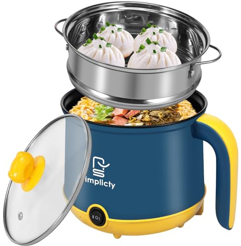 Electric Hot Pot, 1.8L Ramen Noodles Cooker, 2 Gear Mini Hot Pot Cooker, Dry Protection, College Dorm Room Essentials, Heating Boil Rapid, for Ramen Soup Porridge Pasta Egg (Blue with Steam Rack)